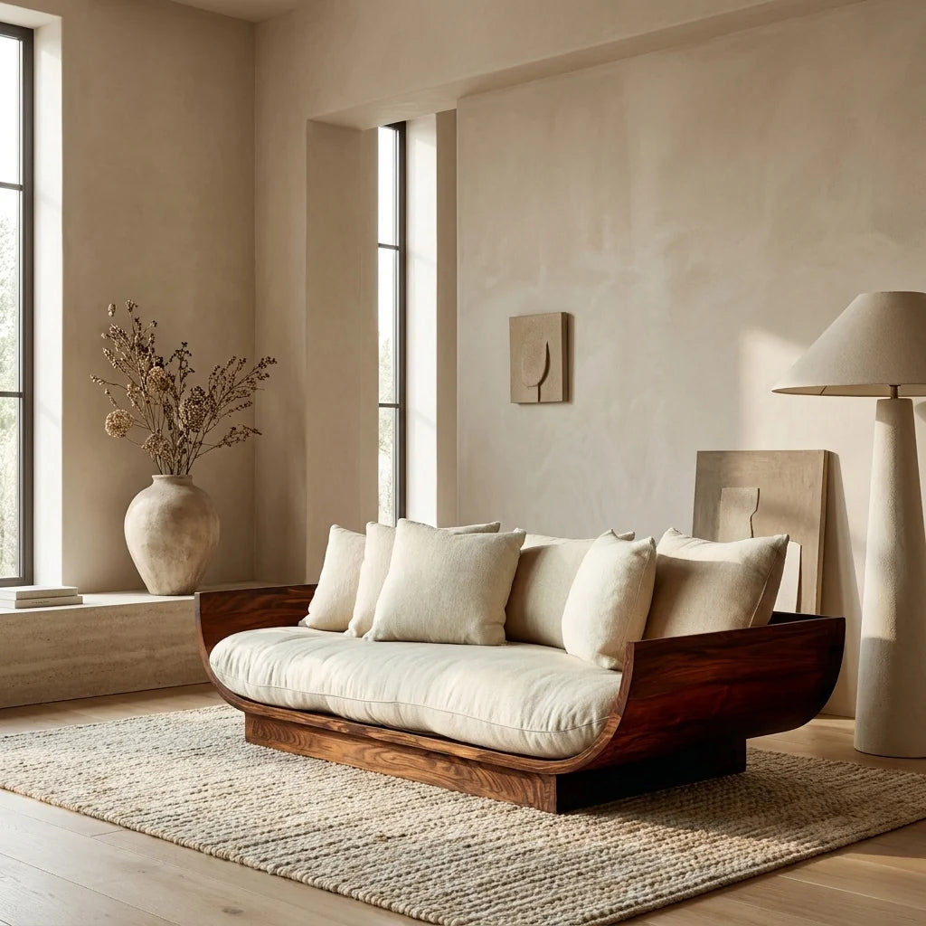 Wooden Sofa With Curved Form For Living Room